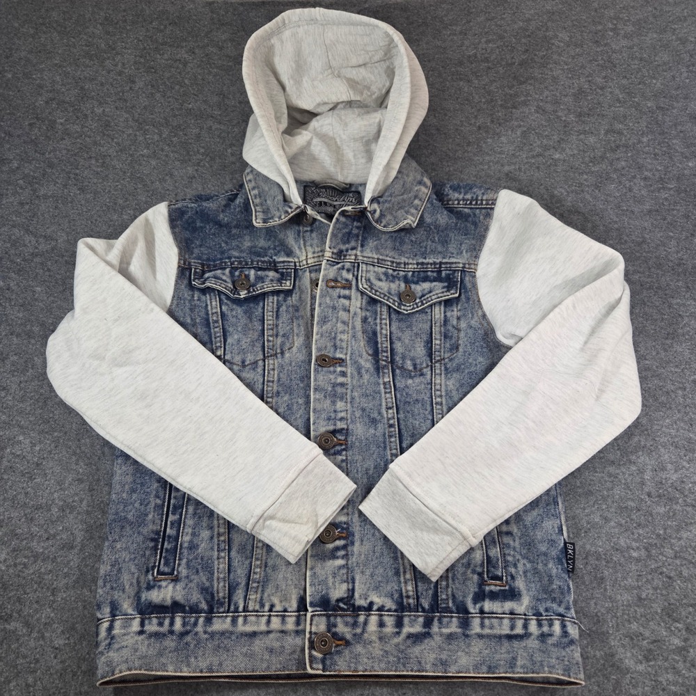 Brooklyn Cloth Mens S Hooded Denim Jacket Acid Wash Gray Sweatshirt Sleeves Y2K